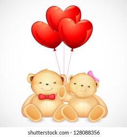 illustration of cute couple of teddy bear holding heart shaped balloon