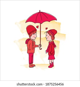 Ilustración pareja linda bajo un diseño de paraguas rojo aislado en fondo blanco