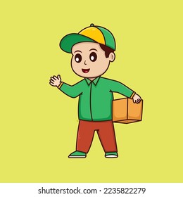 Illustration of a cute courier carrying a package box