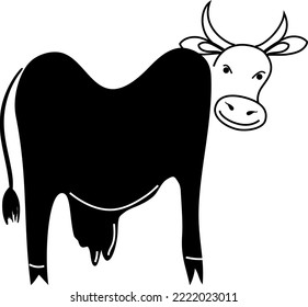 Illustration of a cute cow in black in doodle style. Stock vector illustration.