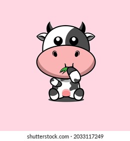 Illustration Of Cute Cow Eating Grass Vector Design