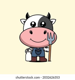 Illustration cute cow farmer vector design