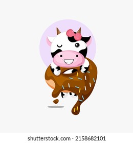 Illustration Of Cute Cow Hanging On Donut