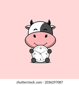 illustration of cute cow hugging wall clock vector design