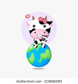 Illustration of cute cow sitting on the earth