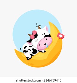 Illustration of cute cow sleeping on the crescent moon