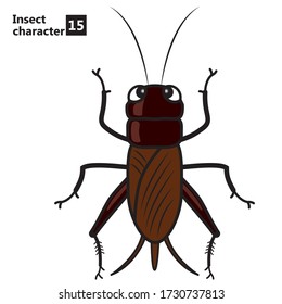 Illustration of a cute cricket anthropomorphized. Character, insect food.