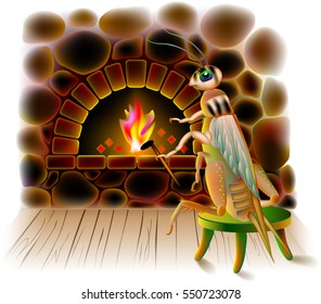 Illustration of cute cricket sitting in winter near burning fireplace. Vector cartoon image. 