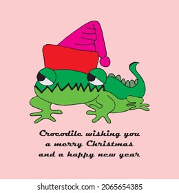 Illustration of a cute crocodile in a santa hat wishing you a merry christmas and a happy new year