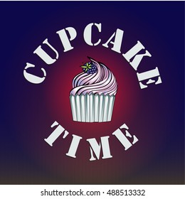 Illustration of cute cupcake with cupcake time text  on striped gradient  background. Can be used for greeting cards, birthday party invitations and posters