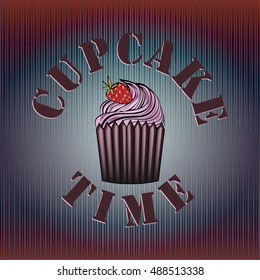 Illustration of cute cupcake with cupcake time text  on striped gradient  background. Can be used for greeting cards, birthday party invitations and posters