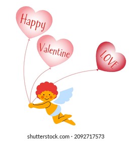 It is an illustration of a cute Cupid with a heart-shaped balloon with the letters "Happy", "Valentine", and "LOVE" written on it.Vector data that is easy to edit.