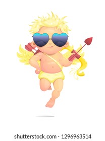  Illustration of a cute cupid for valentine's day. He is smiling, holding a gold bow and wearing a sunglasses the character has gold curly hair and wings. He is isolated on a white background.