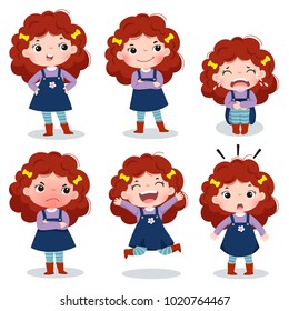 Illustration of cute curly red hair girl showing different emotions svg