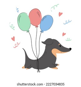 Ilustración de un lindo dachshund con globos. Concepto de cumpleaños y felicitaciones 