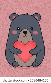 Illustration of a cute dark gray bear cub holding a big red heart in his paws.