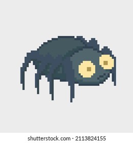 Illustration of a cute dark green colored spider. Small body with a cute face expression. 8 bit. In pixel art style. 