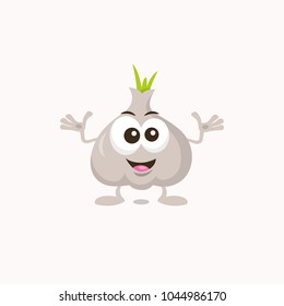 Illustration of cute decisive garlic mascot isolated on light background. Flat design style for your mascot branding.
