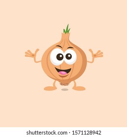 Illustration of cute decisive onion mascot recommends with big smile isolated on light background. Flat design style for your mascot branding.
