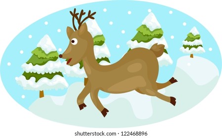 illustration of cute deer running on snow