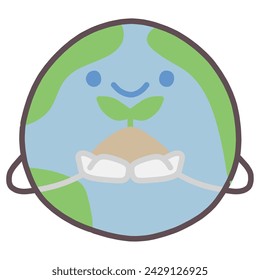 Illustration of a cute deformed character of the earth smiling with a twin-leafed plant in his hand.