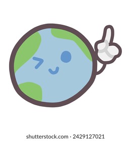 Illustration of a cute deformed character of the earth winking and pointing at something.