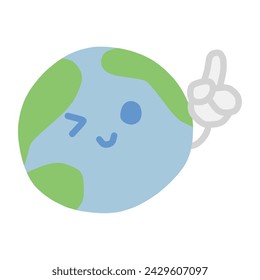 Illustration of a cute deformed character of the earth winking and pointing at something.