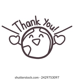 Illustration of a cute deformed character of the earth raising both hands and saying Thank you