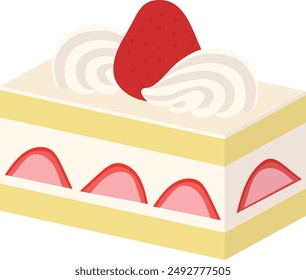 An illustration of a cute and delicious rectangular cut cake with strawberries and whipped cream