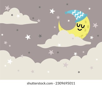 illustration of a cute design on the theme of the night sky. suitable for cloth motifs, pillows, blankets, greeting cards and backgrounds for children's rooms etc.