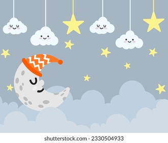 illustration of a cute design on the theme of the night sky. suitable for cloth motifs, pillows, blankets, greeting cards and backgrounds for children's rooms etc.