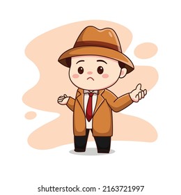 Illustration of cute detective feeling confused kawaii chibi character