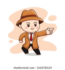 Illustration of cute detective with pointing finger kawaii chibi character