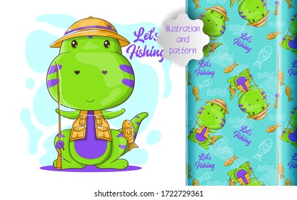 Illustration of cute dino fishing and pattern