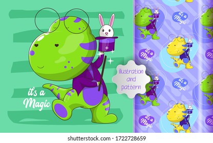 Illustration of cute dino magician and pattern