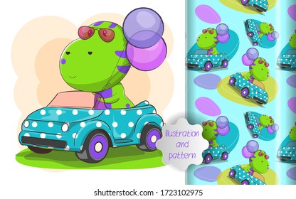 Illustration of cute dino ride a car and pattern