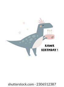 Illustration with a cute dinosaur in a Birthday cap in a simple hand drawn style. Funny character on a holiday greeting card. Mischief design for kids prints.