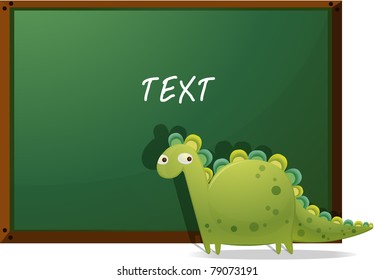 An illustration of a cute dinosaur and blackboard.