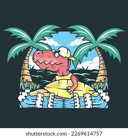 illustration of a cute dinosaur carrying a surfboard on the beach.child design concept
