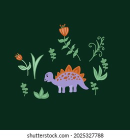 Illustration of a cute dinosaur in a circle of the tropics. Cartoon poster with a wild animal for children. Characters drawn by hand in a flat style. Vector illustration