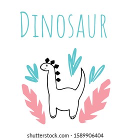 Illustration of cute dinosaur. Dino boy print, flowers. Text. Vector version.