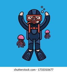 Illustration of cute diving vector. The Concept of Isolated Technology. Flat Cartoon Style Suitable for Landing Web Pages, Banners, Flyers, Stickers, Cards