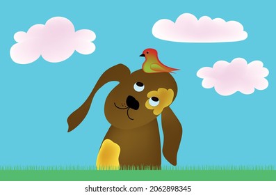 Illustration of a cute Dog with a bird on Head in nature with cloud Sky. dog with brown coat with tawny brown spots. multicolored abstract cartoon image