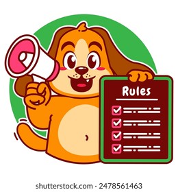 Illustration of Cute Dog Cartoon Character Holding a Checklist or list of rules and a megaphone