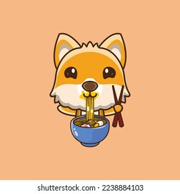 Illustration of cute dog cartoon mascot eating ramen noodles while standing