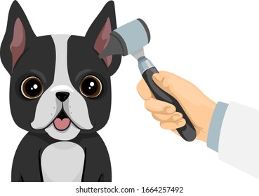 Illustration of a Cute Dog with Otoscope Held by a Hand on Its Ear Having Ear Check Up