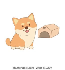 illustration of cute dog sitting next to the house on white background	