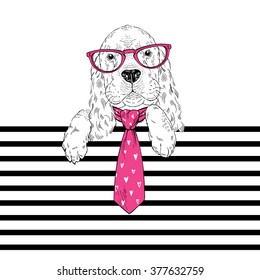 illustration of cute doggy in pink tie on stripy background