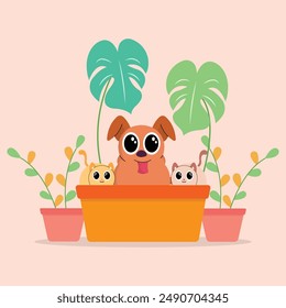 illustration of cute dogs and cats, with happy expressions on flower pots, flat design style