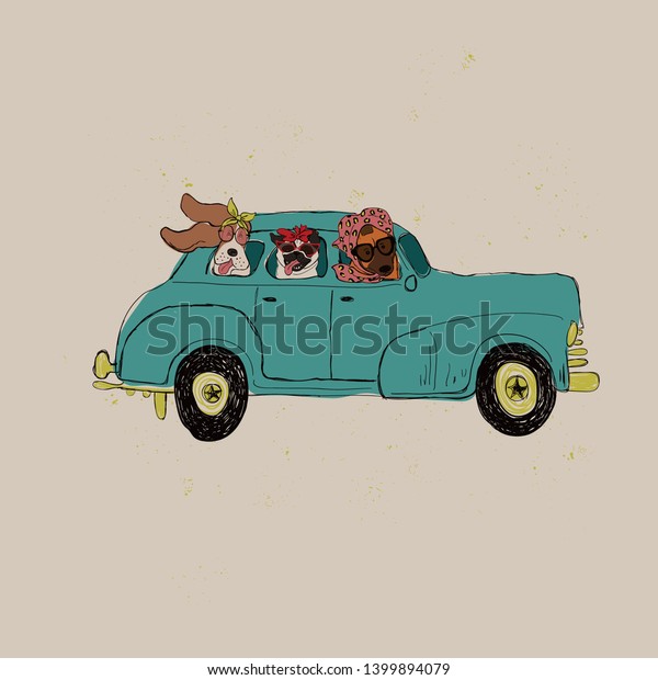 Illustration with cute dogs\
driving car. Funny greeting card, t-shirt design, print, sticker or\
poster.